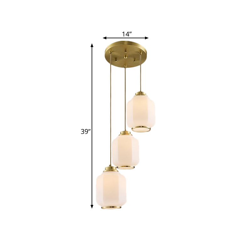 Brass Multi Ceiling Lantern Pendant Lamp With White Glass - 3-Light Traditional Fixture