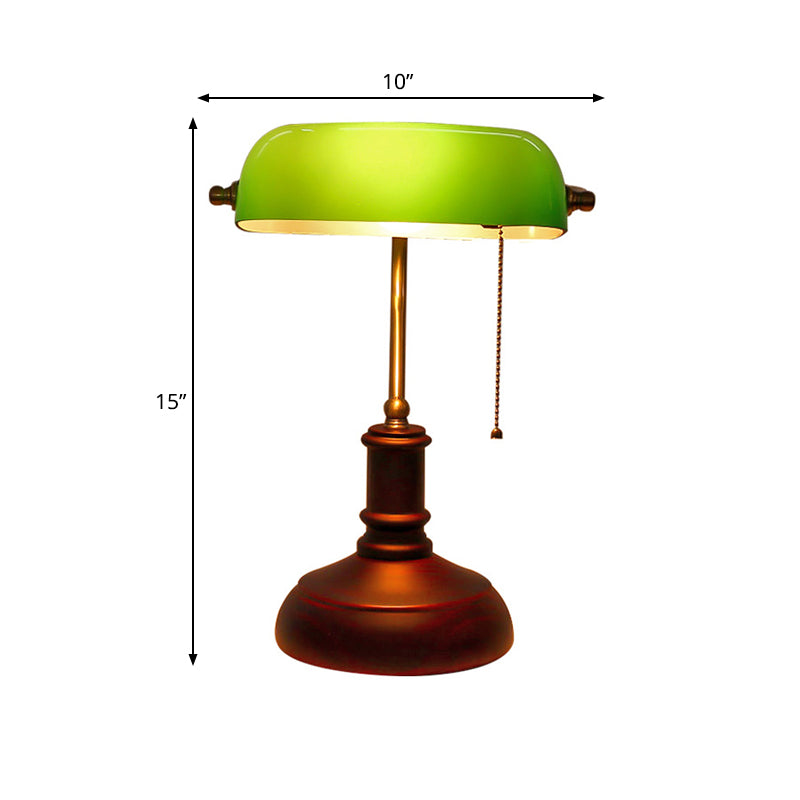 Retro Metal Lounge Table Lamp: Nightstand Light With Green Half-Oblong Shade & Pull Chain