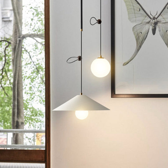 Modernist Orb Opal Glass Pendant Light With 2 Bulbs White/Black 10/14 Wide