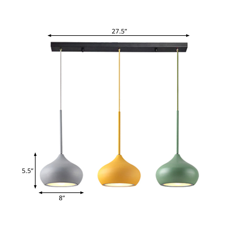 3-Head Multi Ceiling Light Pendant Lamp - Macaron Grey-Yellow-Green Drop with Onion Metal Shade