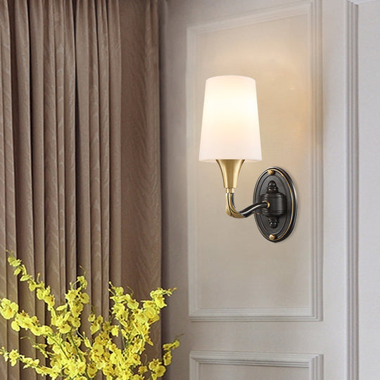 Traditional Brass Wall Sconce With Frosted Glass Shade - Elegant Tapered Design For Corridor