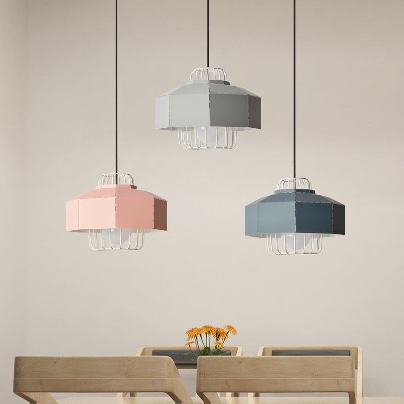 Macaron Faceted Barn Shaped Pendant Light - Iron 3 Heads Black Canopy Living Room Multi-Hanging /