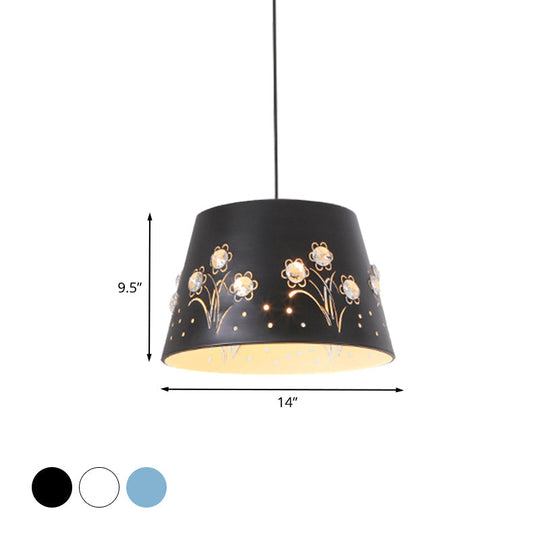Nordic Tapered Hollowed Out Iron Pendant - 1-Head Hanging Ceiling Light With Crystal Accent