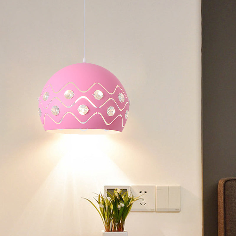 Iron 1-Light Pendant Lamp With Crystal Decor & Colorful Dome Shades Pink
