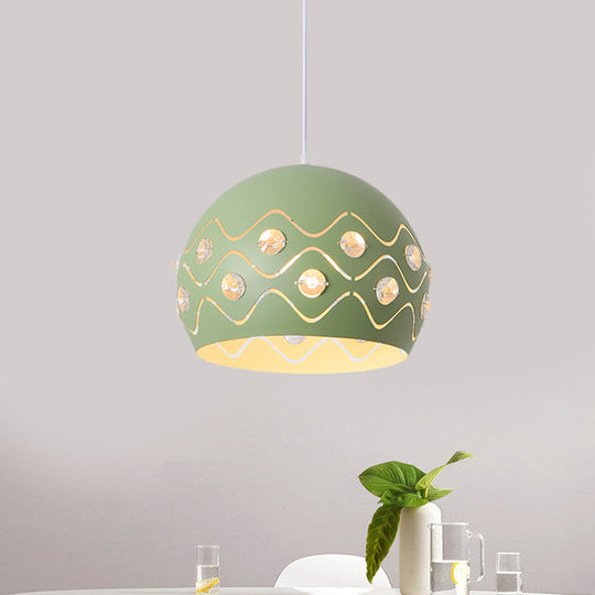 Iron 1-Light Pendant Lamp With Crystal Decor & Colorful Dome Shades Green