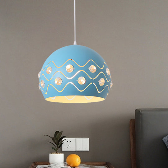 Iron 1-Light Pendant Lamp With Crystal Decor & Colorful Dome Shades Blue