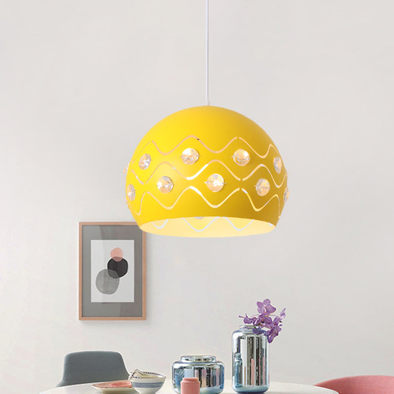 Iron 1-Light Pendant Lamp With Crystal Decor & Colorful Dome Shades Yellow
