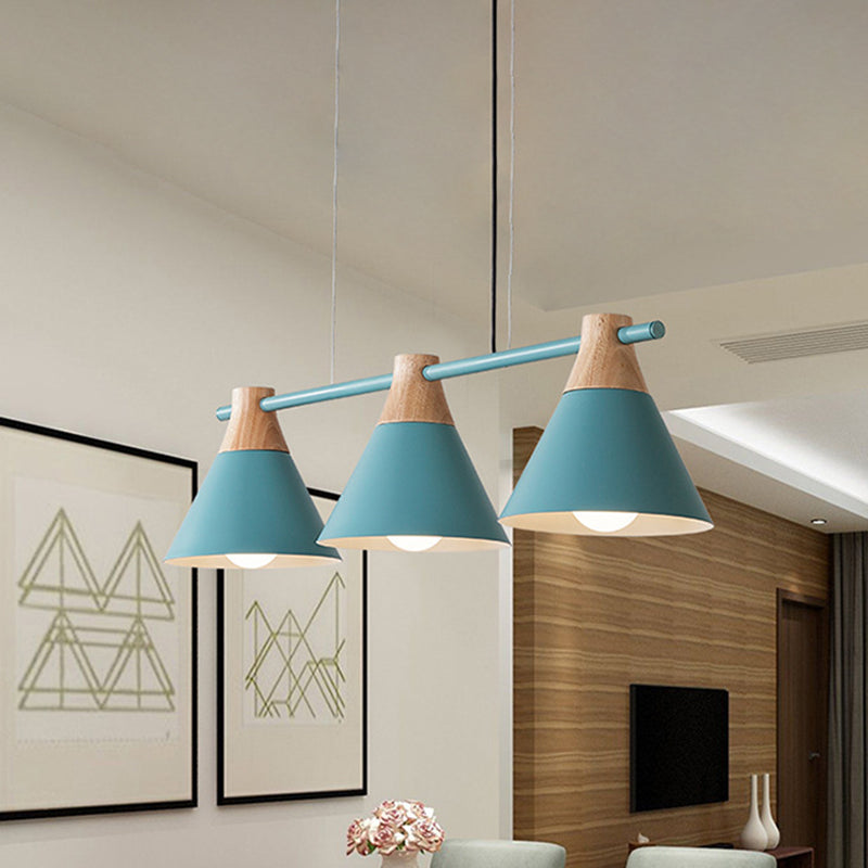 Modern Macaron Cone Hanging Light Pendant - 3 Heads Island Fixture In Black/White/Blue With Wood