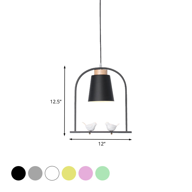 Pendulum Macaron Light Kit: Iron Bucket Lamp With Arch Frame & Bird Decor Grey/Yellow/Pink 1 Head