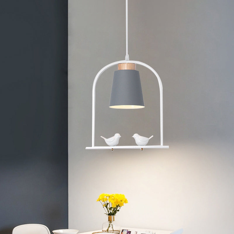 Pendulum Macaron Light Kit: Iron Bucket Lamp With Arch Frame & Bird Decor Grey/Yellow/Pink 1 Head