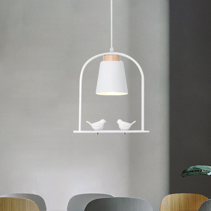 Pendulum Macaron Light Kit: Iron Bucket Lamp With Arch Frame & Bird Decor Grey/Yellow/Pink 1 Head