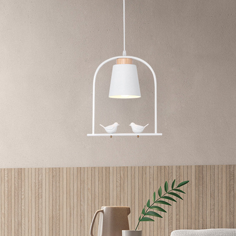 Pendulum Macaron Light Kit: Iron Bucket Lamp With Arch Frame & Bird Decor Grey/Yellow/Pink 1 Head