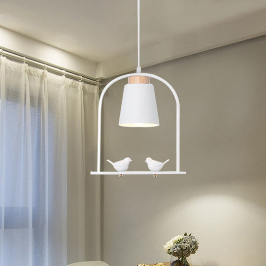 Pendulum Macaron Light Kit: Iron Bucket Lamp With Arch Frame & Bird Decor Grey/Yellow/Pink 1 Head