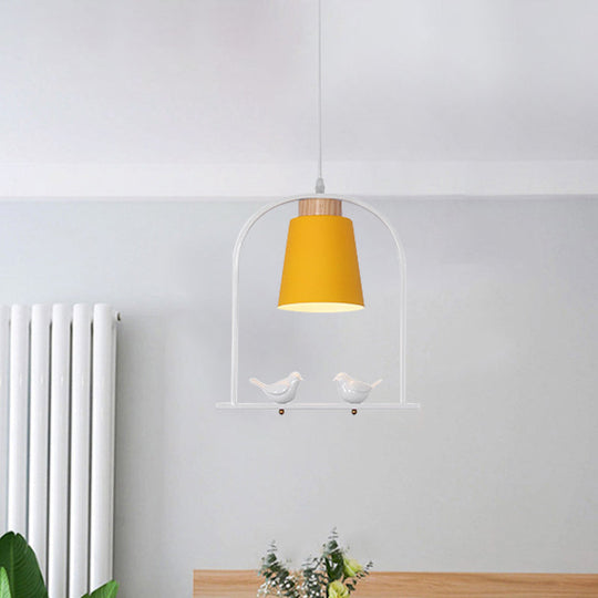 Pendulum Macaron Light Kit: Iron Bucket Lamp With Arch Frame & Bird Decor Grey/Yellow/Pink 1 Head