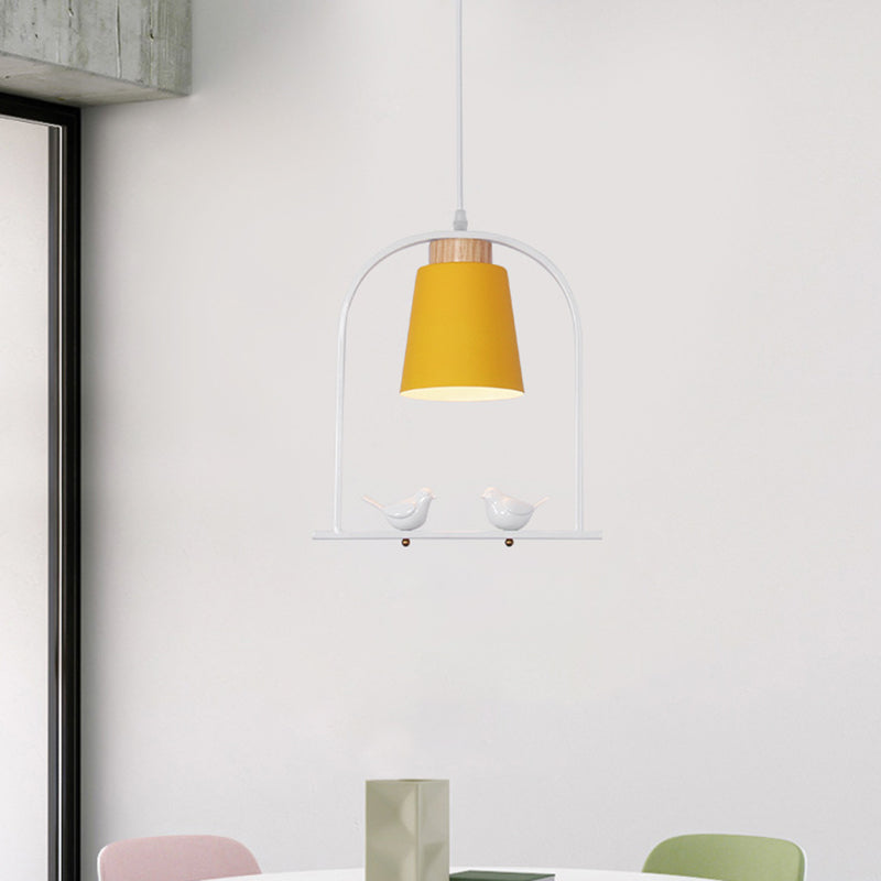 Pendulum Macaron Light Kit: Iron Bucket Lamp With Arch Frame & Bird Decor Grey/Yellow/Pink 1 Head