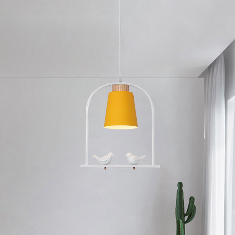 Pendulum Macaron Light Kit: Iron Bucket Lamp With Arch Frame & Bird Decor Grey/Yellow/Pink 1 Head