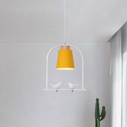 Pendulum Macaron Light Kit: Iron Bucket Lamp With Arch Frame & Bird Decor Grey/Yellow/Pink 1 Head