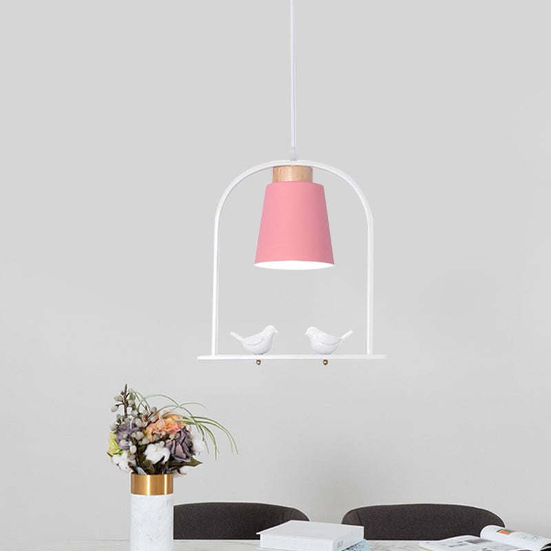 Pendulum Macaron Light Kit: Iron Bucket Lamp With Arch Frame & Bird Decor Grey/Yellow/Pink 1 Head