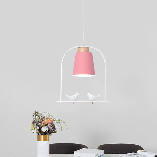 Pendulum Macaron Light Kit: Iron Bucket Lamp With Arch Frame & Bird Decor Grey/Yellow/Pink 1 Head