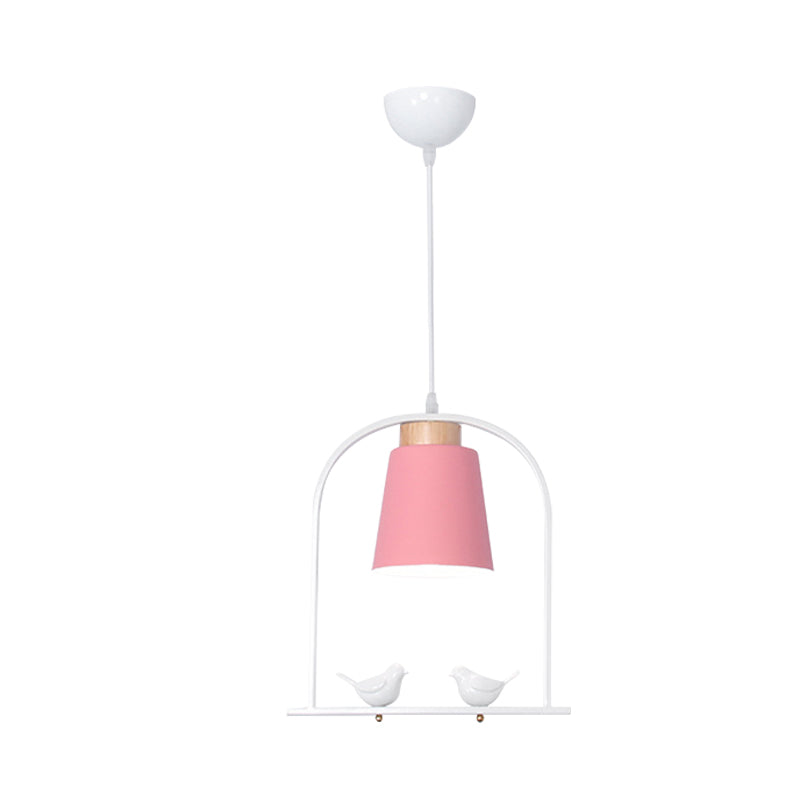 Pendulum Macaron Light Kit: Iron Bucket Lamp With Arch Frame & Bird Decor Grey/Yellow/Pink 1 Head