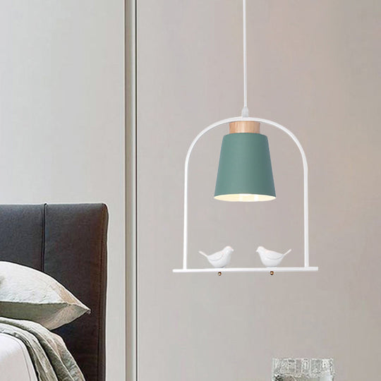 Pendulum Macaron Light Kit: Iron Bucket Lamp With Arch Frame & Bird Decor Grey/Yellow/Pink 1 Head