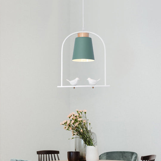 Pendulum Macaron Light Kit: Iron Bucket Lamp With Arch Frame & Bird Decor Grey/Yellow/Pink 1 Head