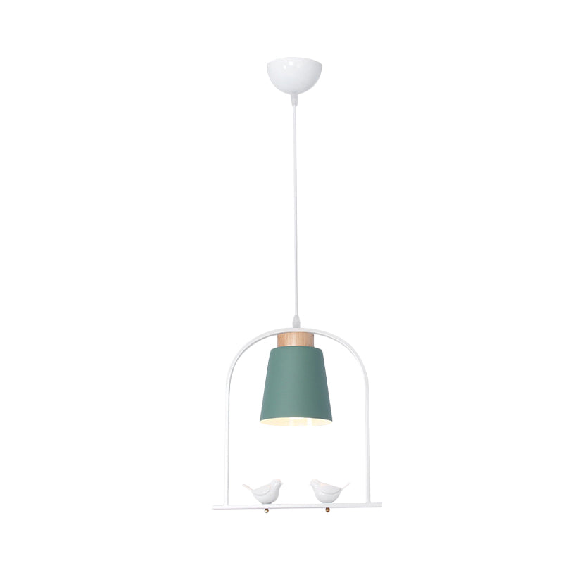Pendulum Macaron Light Kit: Iron Bucket Lamp With Arch Frame & Bird Decor Grey/Yellow/Pink 1 Head
