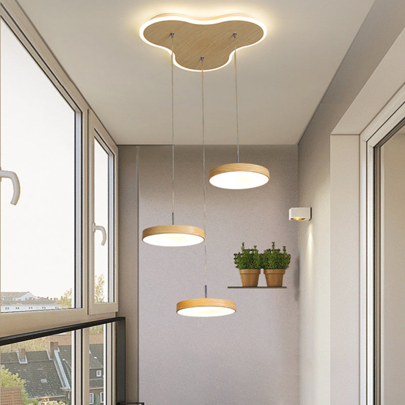 Nordic Cluster Pendant Light Fixture: Wood Disc Design 3/5-Head Metal Hanging With Glowing Canopy 3