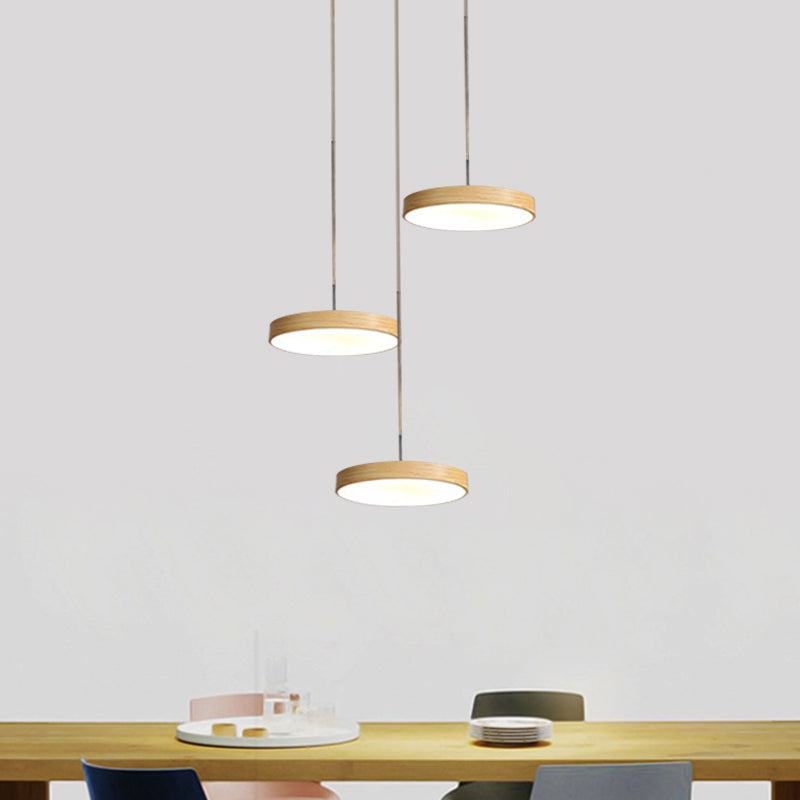 Nordic Cluster Pendant Light Fixture: Wood Disc Design 3/5-Head Metal Hanging With Glowing Canopy