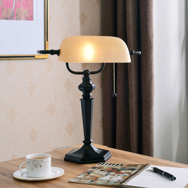 Traditional Black/Brass Finish Metal Desk Lamp With Pull Chain 1 Light Tan Glass Shade Black