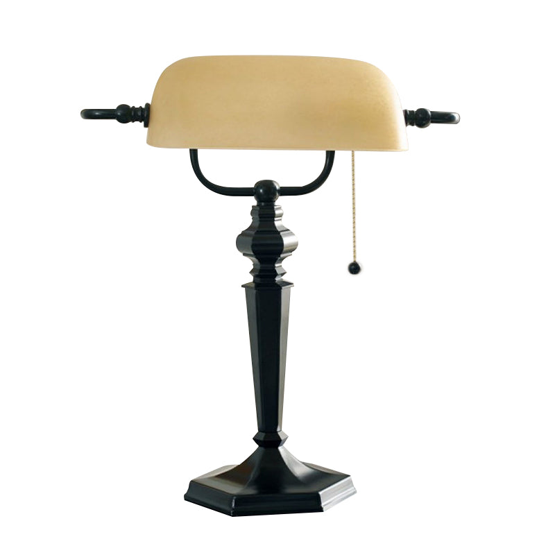 Traditional Black/Brass Finish Metal Desk Lamp With Pull Chain 1 Light Tan Glass Shade