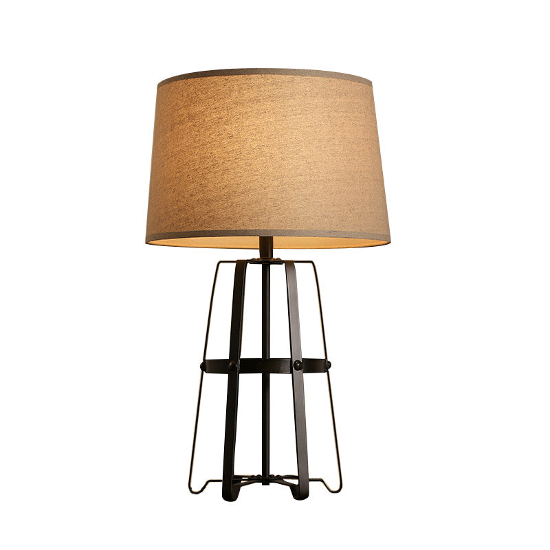 Drum Table Lamp In Brown Countryside Fabric - 1 Head Frame Base Living Room Lighting