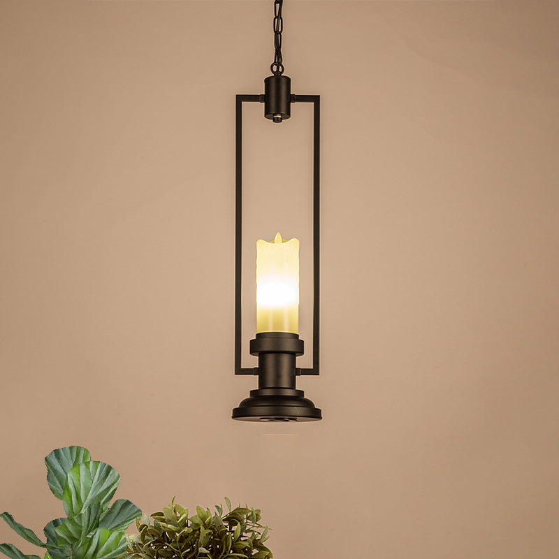 Vintage Resin Black Pendant Lamp - Candle Restaurant Suspension Light With Rectangle Frame