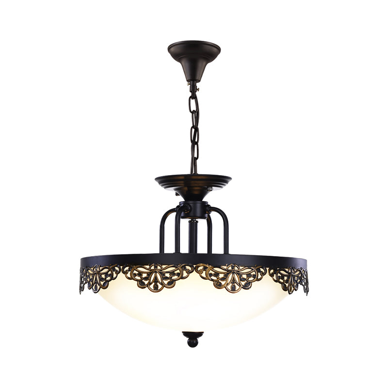Countryside Black Finish Hanging Chandelier With Opal Glass Dome - 2 Bulbs Pendant Light Fixture