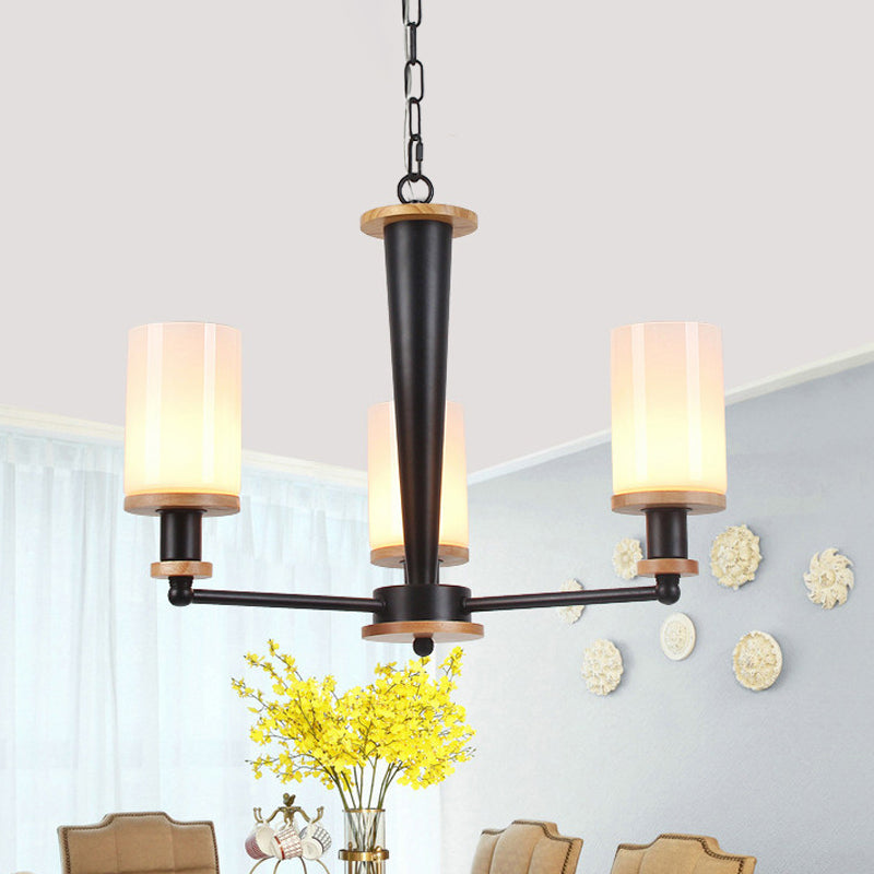 Classic Cylindrical Pendant Chandelier With White Glass Available In 3/5/6 Heads Black Finish 3 /