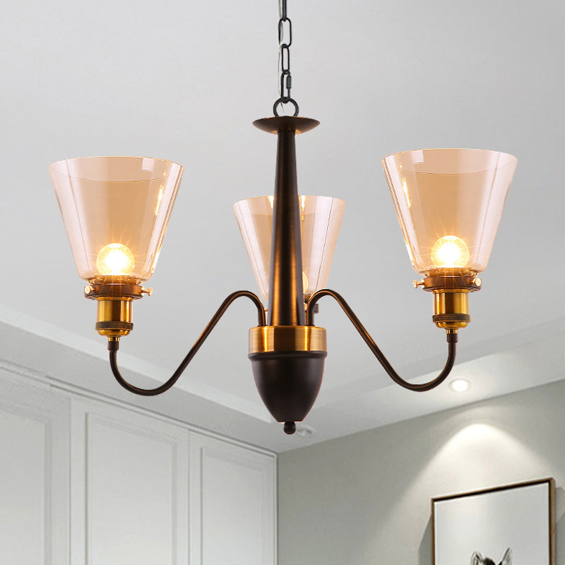 Vintage Black & Gold Chandelier Lamp: 3/5 Bulbs Clear Glass Pendulum 3 /