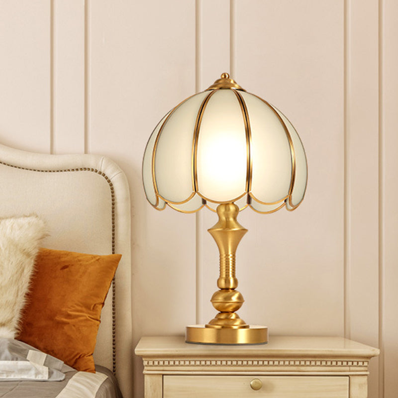 Traditional Brass Table Lamp With Scalloped Dome White Glass Shade
