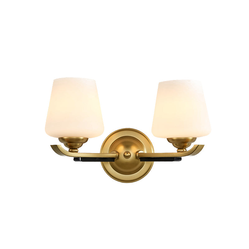 1/2-Head Up Sconce Traditional Indoor Wall Mounted Lamp With Opal Glass Shade In Brass