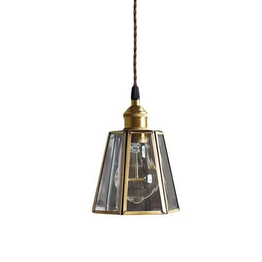 Hexagon Drop Pendant Light In Clear/Amber Glass - Antiqued Brass Finish 1 Head Bedside Hanging Lamp