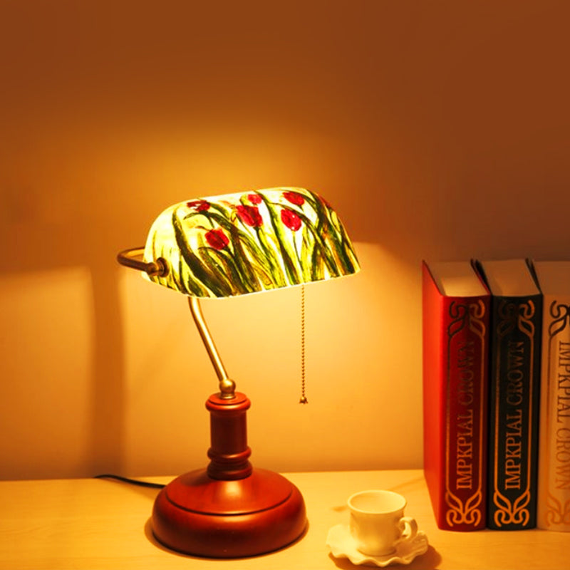Green Glass Table Lamp - Korean Garden With Red Brown Flower Pattern Pull Chain Ideal For Bedroom