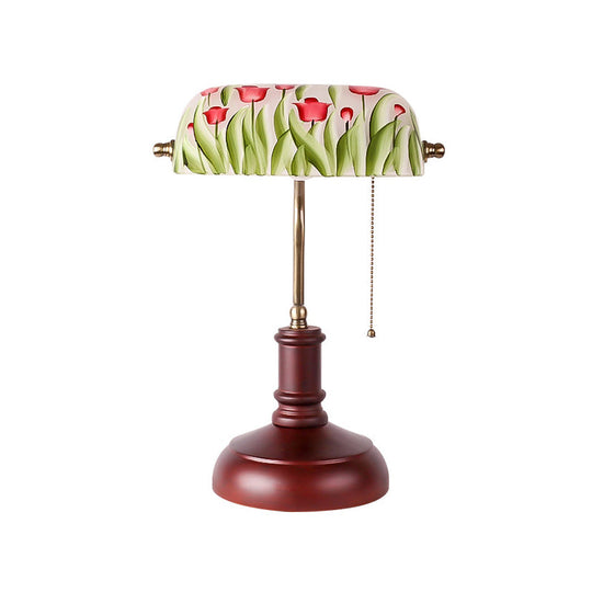 Green Glass Table Lamp - Korean Garden With Red Brown Flower Pattern Pull Chain Ideal For Bedroom