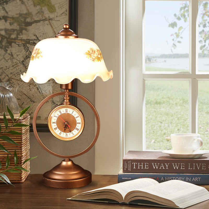 Rustic Milk Glass Table Lamp With Roman Clock Accent - Countryside Ruffle Bowl Design In Red Brown