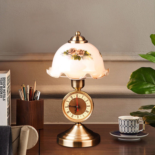 Antiqued Brass Night Lamp With Roman Clock Base - American Flower Design White Glass Dome Table