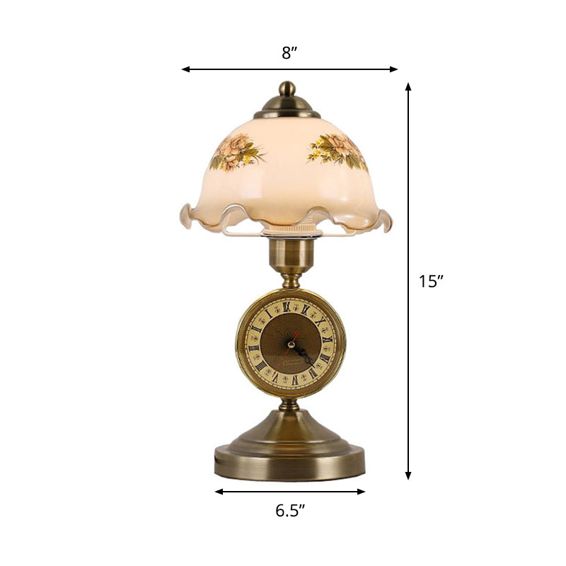 Antiqued Brass Night Lamp With Roman Clock Base - American Flower Design White Glass Dome Table