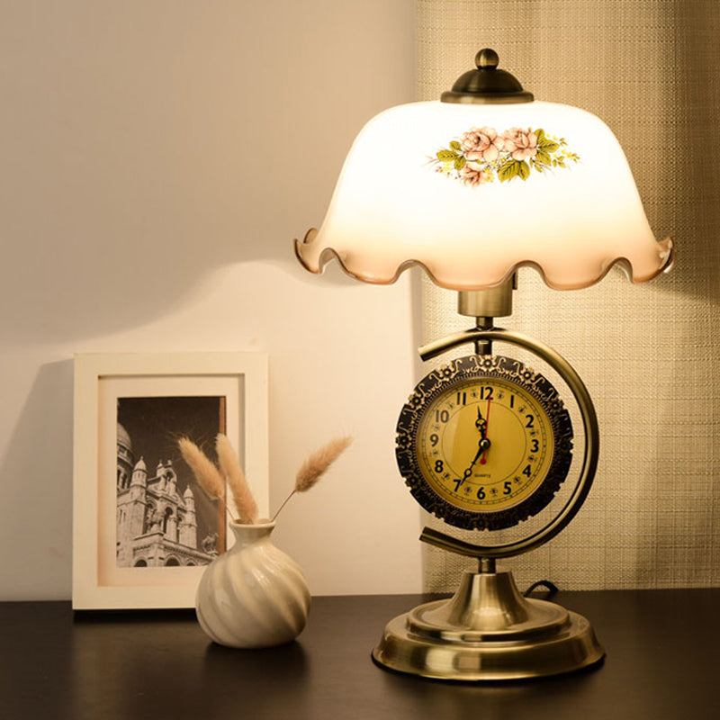 Opal Glass Table Lamp With Ruffle Bowl Shade - Single Sitting Room Night Light In Brass Clock And C
