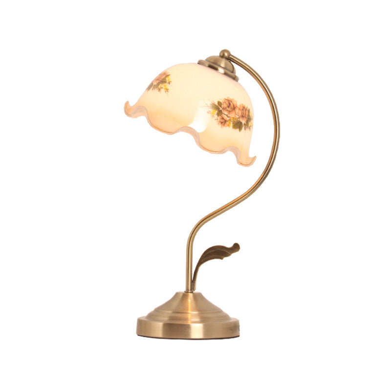 Korean Garden Metal 1-Bulb Brass Gooseneck Nightstand Lamp With Flower Glass Shade