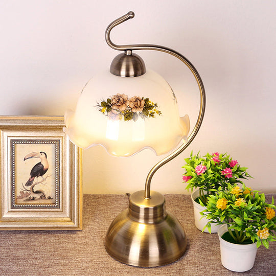White Glass Table Lamp With Brass Bow Arm - Single Bulb Nightstand Light