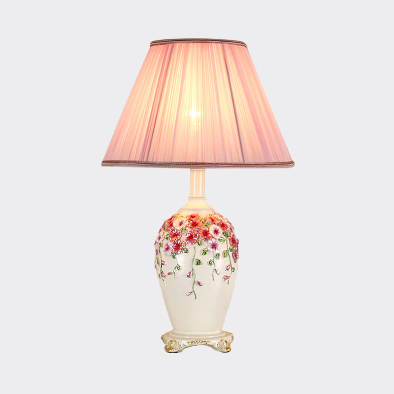 Pastoral Style Table Lamp: Beige/Pink Nightstand Light With Conical Shade Painted Pottery Base