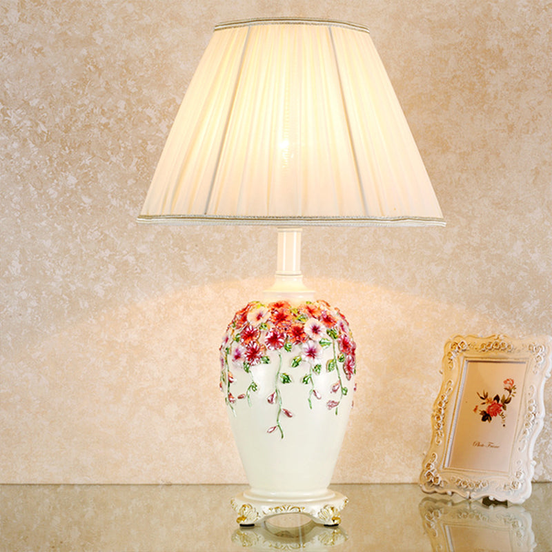Pastoral Style Table Lamp: Beige/Pink Nightstand Light With Conical Shade Painted Pottery Base Beige