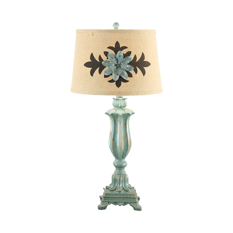 Blue Countryside Flower Patterned Table Lamp With Single-Bulb And Round Fabric Shade